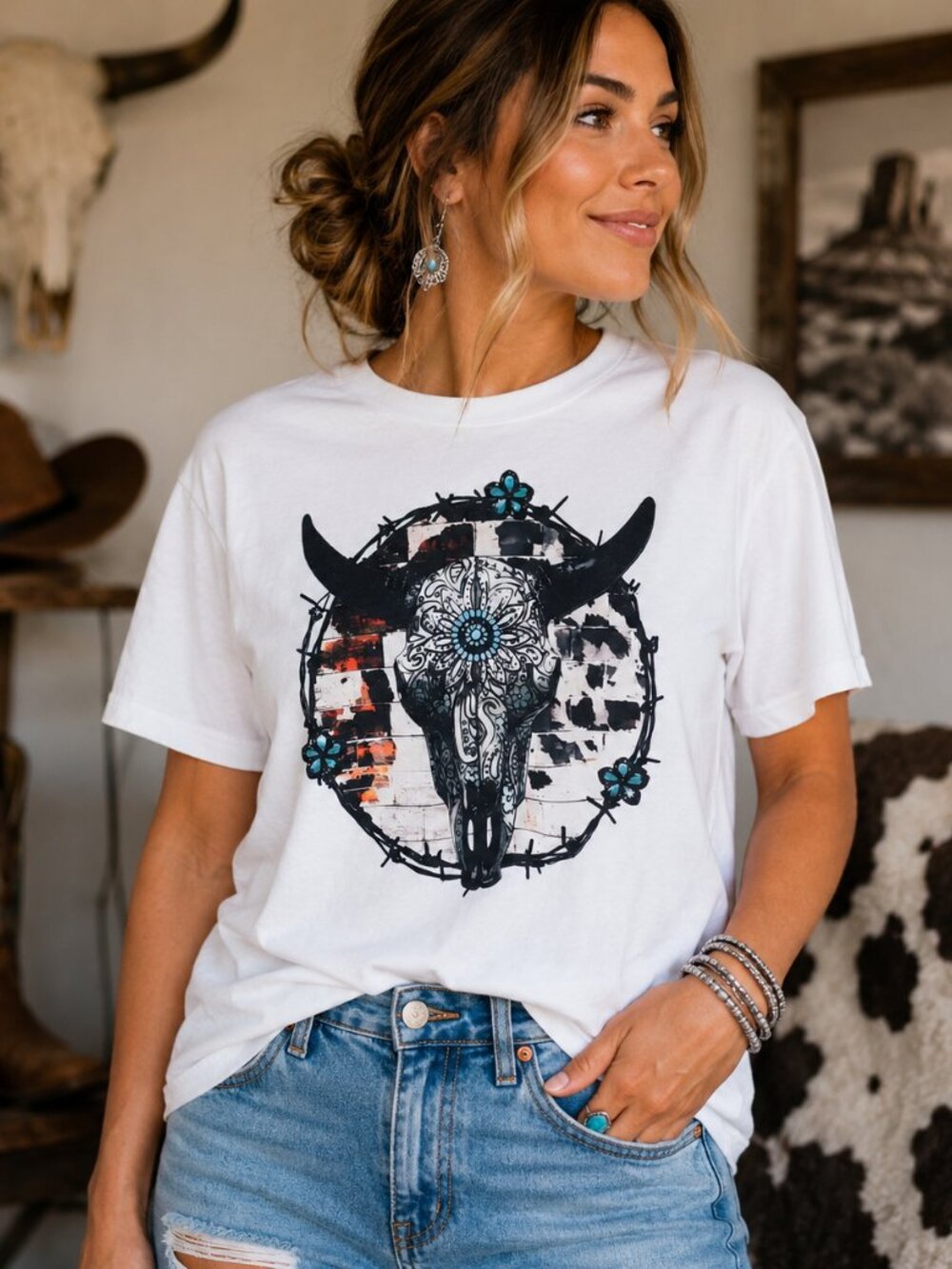 Western Cow Print Bull Skull Graphic T Shirt Trendy Boutique Style Tee Womens